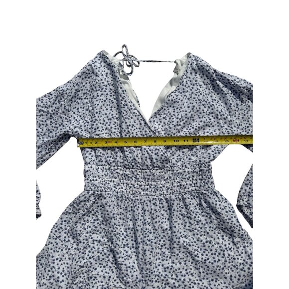 Blue & White Floral Long Sleeve Romper By Altard State M Elastic Waist V-Neck Ti - Picture 5 of 6